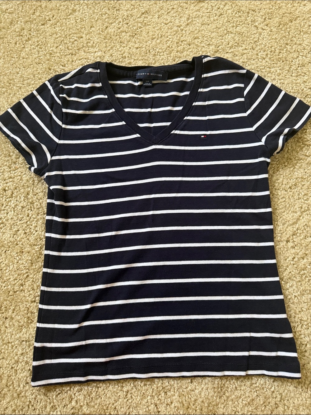 Tommy Hilfiger Navy & White Striped V-Neck Tee with Flag Logo